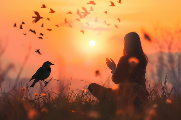 Frau und Vogel in der Natur bei Sonnenuntergang symbolisieren Hoffnung