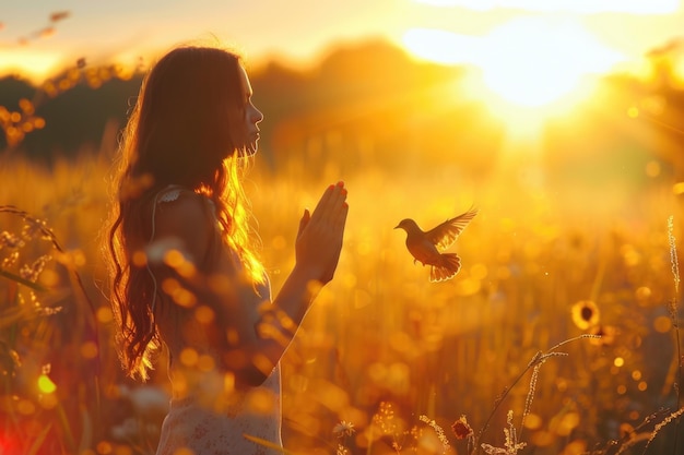 Frau und Vogel in der Natur bei Sonnenuntergang symbolisieren Hoffnung