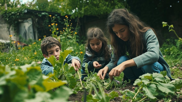 Frau und zwei Kinder untersuchen eine blühende Pflanze im Garten am Muttertag