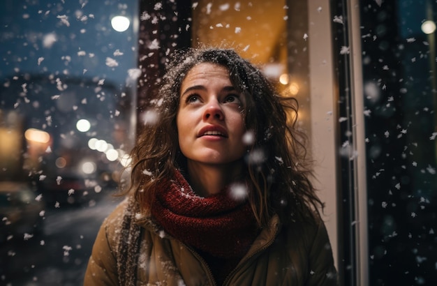 Frau unter Schneefall in der Weihnachtszeit