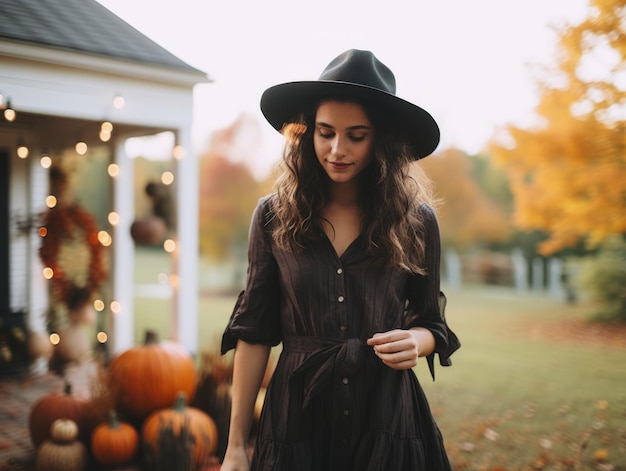 Frau verkleidet als Hexe zu Halloween