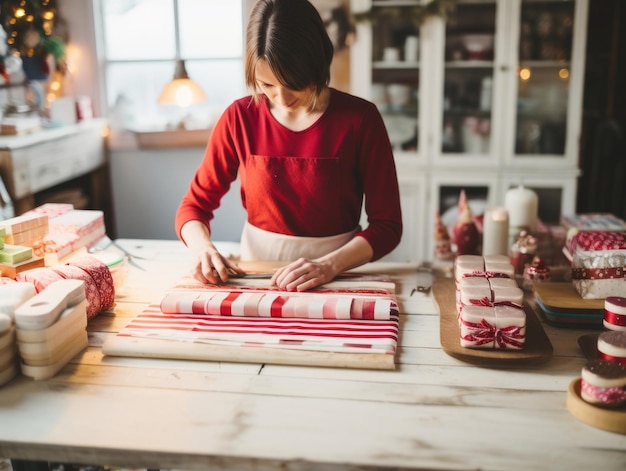 Frau verpackt Geschenke mit Geschenkpapier zum Thema Urlaub