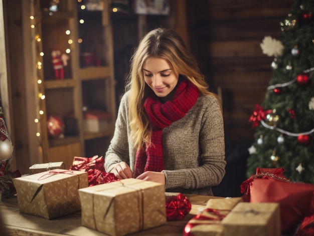 Frau verpackt Geschenke mit Geschenkpapier zum Thema Urlaub