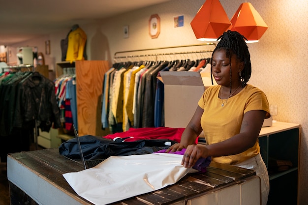 Frau verpackt Kleidung in Secondhand-Laden