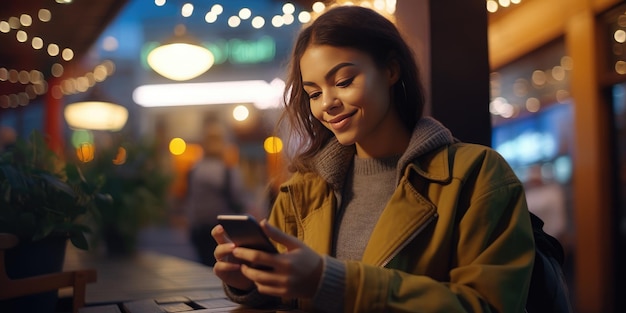 Frau vor einem Café Frau benutzt ein Smartphone Ai Generative