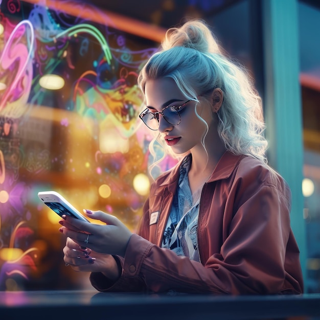 Frau vor einem Café Frau benutzt ein Smartphone Ai Generative