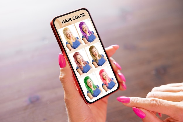 Frau wählt Haarfarbe auf mobiler Beauty-App