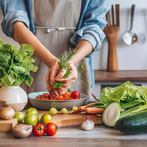 Frau wäscht Gemüsesalat mit der Hand und bereitet gesundes Essen in der Küche zu