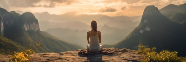 Frau Yoga in der Bergmeditation und Entspannung in einem Berg