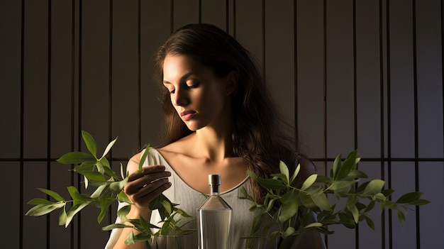 Frau zeigt Pflanzen und Glasflasche Bio-Kosmetik-Konzept, das von der KI generiert wurde
