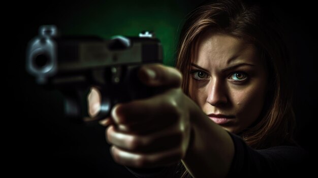 Frau zielt mit einer Waffe auf das Ziel auf dunklem Hintergrund mit selektiver Fokussierung