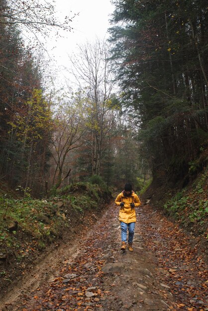 Frau zu Fuß auf dem Pfad im Wald Herbstzeit wandern