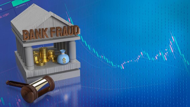 El fraude bancario de texto y el icono del edificio del banco en el fondo del gráfico para el negocio o el concepto de ahorro de representación 3d