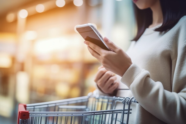 Frauen benutzen Mobiltelefonen und Einkaufswagen in Einkaufszentren oder Kaufhäusern
