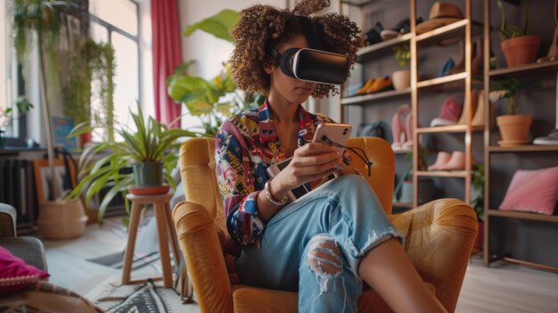 Foto frauen durchsuchen bilder von stilvollen schuhen und handtaschen über ein virtual-reality-headset scrolling-mockup-app für einen online-kleidungsgeschäft