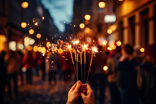 Frauen feiern einen fröhlichen Neujahrsabend mit Sparkler und Bengalenlicht in der Hand.