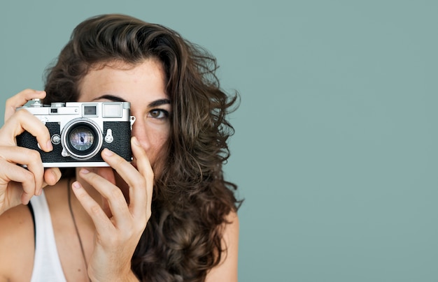 Frauen-Fotograf-Kamera-Fokus-Fotografie-Konzept