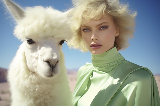 Frauen futuristische Modefotografie Pastellfarben Alpakas Generative KI