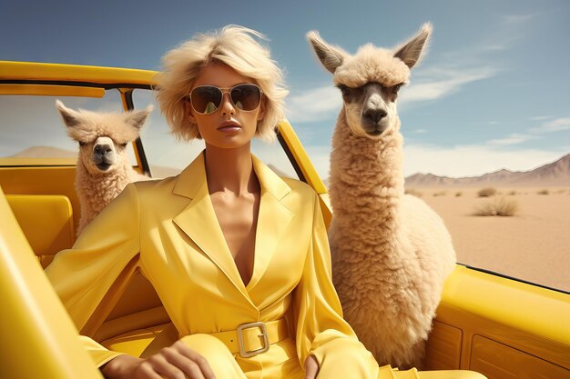 Frauen futuristische Modefotografie Pastellfarben Alpakas Generative KI