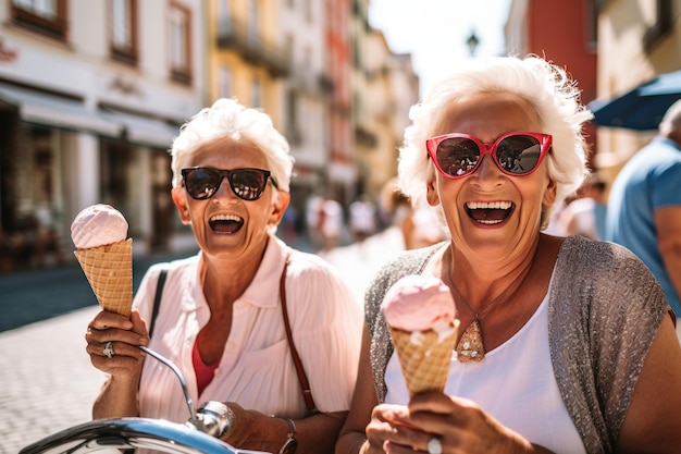 Frauen haben Spaß und essen Eistüten auf der Straße der Stadt im Stil von Grandparentcore