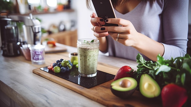 Frauen halten das Handy über Diät für Gewichtsverlust frische gesunde Nahrung tägliche Ernährung bereit Menü