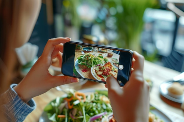 Frauen halten ein Smartphone in der Hand und fotografieren das Essen in einem Restaurant Generative KI