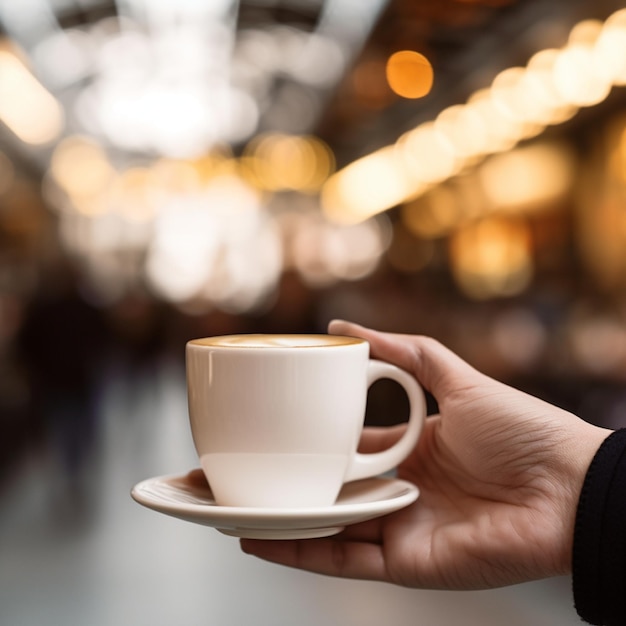 Frauen halten eine weiße Kaffeetasse in der Hand, Nahaufnahme mit verschwommenem Hintergrund des Cafés