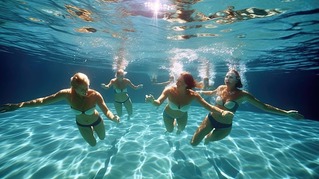 Foto frauen in atemberaubender badebekleidung fesseln das publikum mit ihren fähigkeiten im synchronschwimmen. ihre choreografierten routinen demonstrieren ihre von ki generierte beweglichkeitspräzision