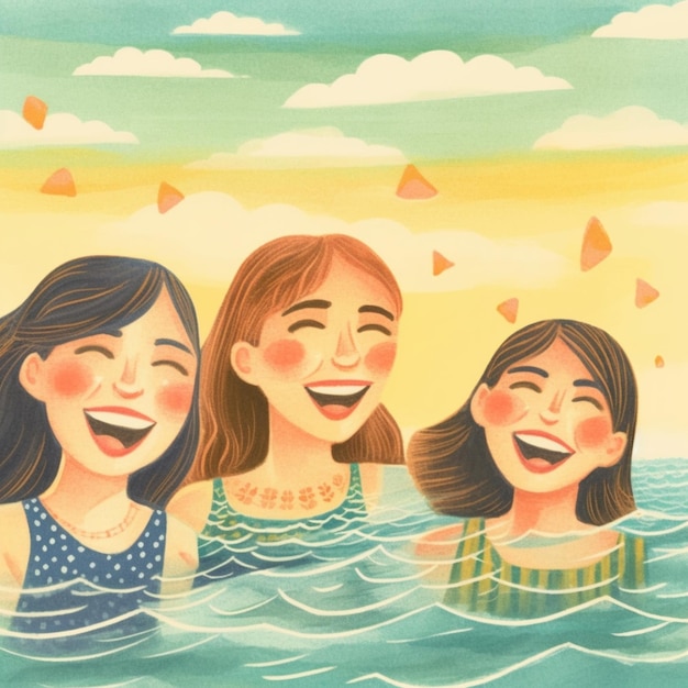 Frauen in Badeanzügen glücklich am Meer
