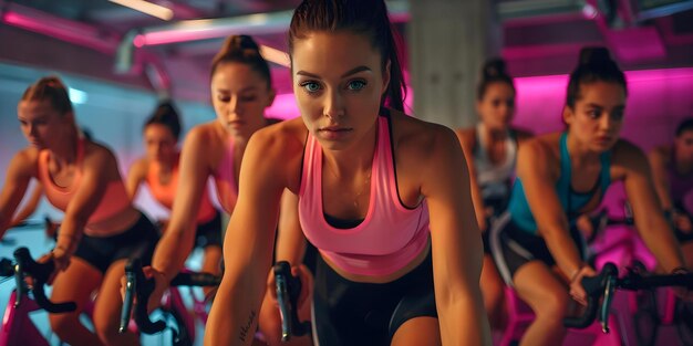 Frauen in Bewegung Radfahren zusammen in einem dynamischen Indoor-Studio Konzept Frauen Motion Cycling Studio Indoor