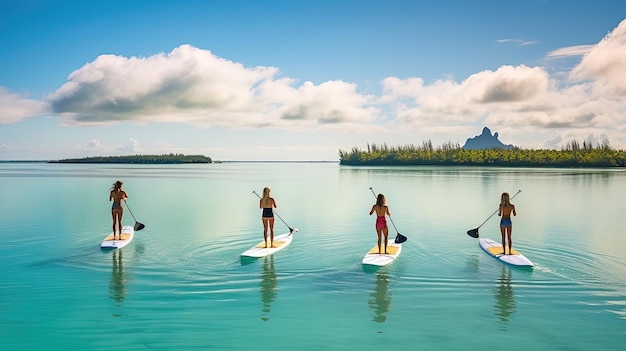 Frauen in bunten Bikinis gleiten anmutig auf Paddleboards über das Wasser, während die Sonne einen goldenen Glanz wirft und die sanften Wellen einen beruhigenden Rhythmus erzeugen, der von KI generiert wird.