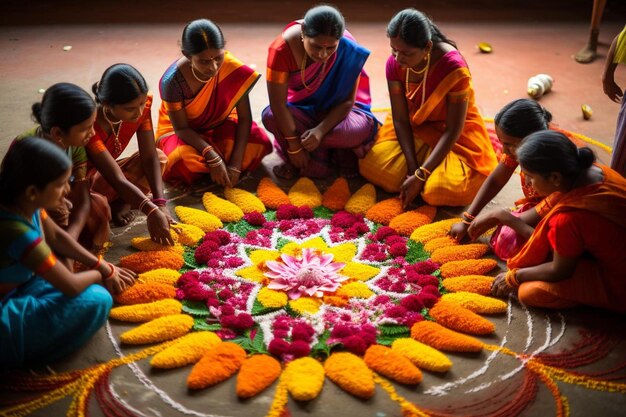 Frauen in bunten Saris schmücken Blumen im Kreis.