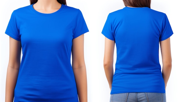 Frauen in einem blauen T-Shirt Vorder- und Hinterbild-Mockup, isoliert auf weißem Hintergrund
