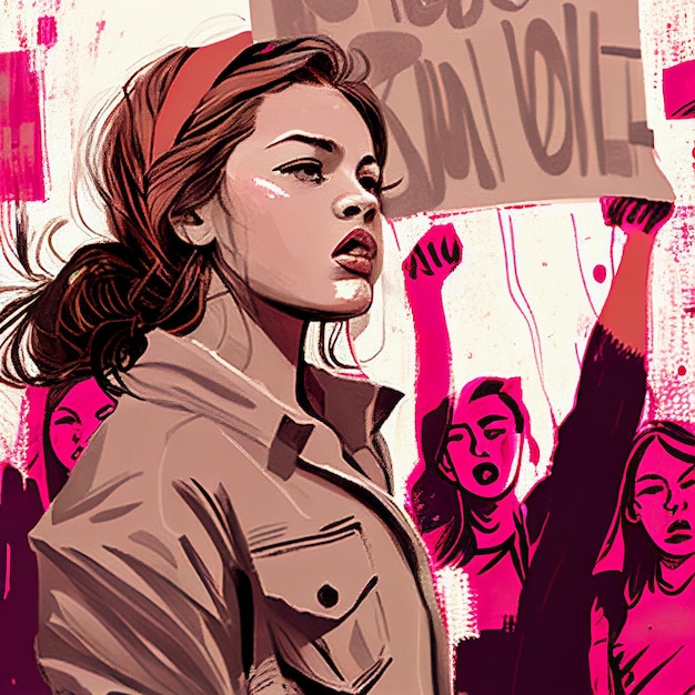 Frauen in einem Protest Feministen verteidigen die Rechte der Frauen39s Frauentag Rosa und Weiß Farben ai erzeugt
