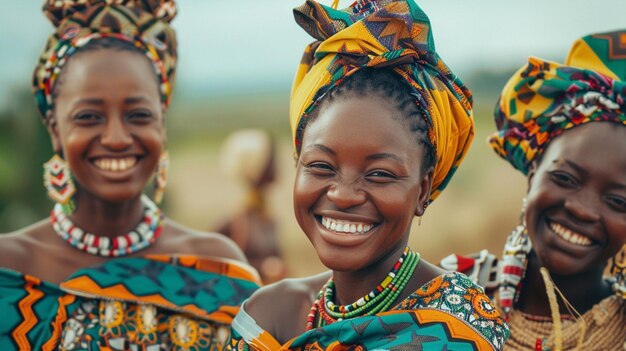 Frauen in farbenfrohen traditionellen Kleidungsstücken lächeln und lachen auf einem Feld