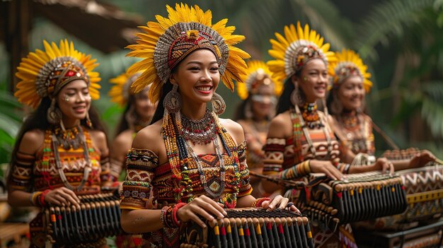 Frauen in traditionellen Kleidern spielen Schlagzeug mit Sonnenblumen