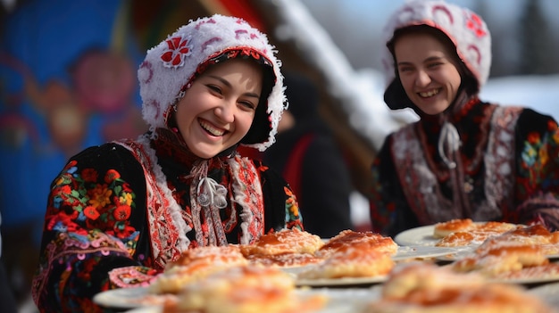 Foto frauen in traditioneller kleidung lächeln an einem tisch mit essen darauf.