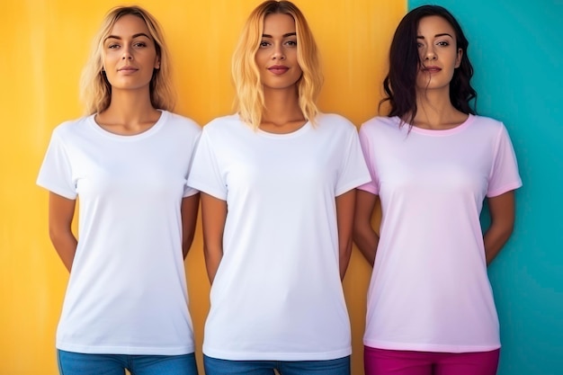 Frauen in XXL-Größe, gekleidet in weißen, leeren T-Shirt-Attrappen, Kopierraum, buntem Hintergrund