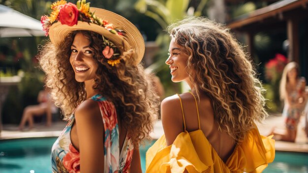 Foto frauen lachen und faulenzen in einem pool mit tropischen getränken