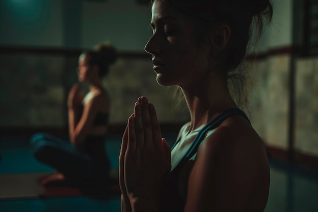 Frauen machen Yoga im dunklen Fitnessstudio.