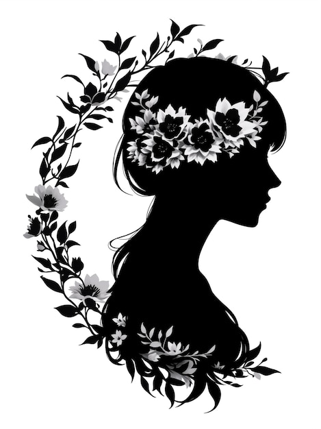 Frauen-Mädchen-Silhouette mit Blumen für das Logo des Schönheitssalons oder als Hintergrund für Hochzeitseinladungen