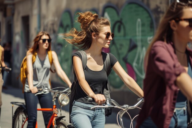 Foto frauen mit fahrrädern in lässiger kleidung in einer städtischen umgebung