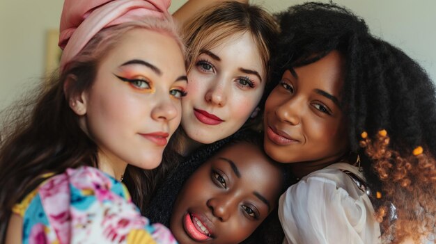 Frauen mit unterschiedlichen Hautfarben posieren eng zusammen, um Vielfalt und Freundschaft zu demonstrieren
