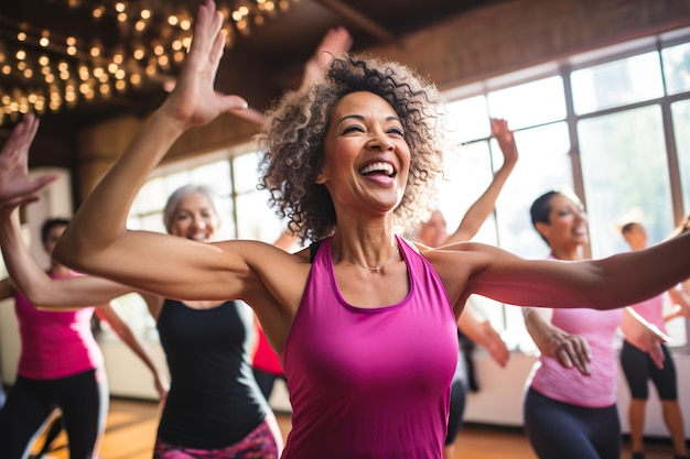 Foto frauen mittleren alters genießen einen fröhlichen zumba-tanzkurs mit freunden