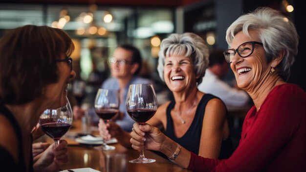 Frauen mittleren Alters vergnügen sich in einer Bar und trinken Wein. Erstellt mit generativer KI-Technologie