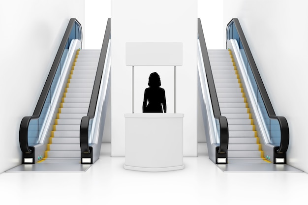 Frauen-Promoter-Silhouette hinter leerem Werbebanner-Stand zwischen modernen Luxus-Rolltreppen auf Indoor-Gebäude-Einkaufszentrum, Flughafen oder U-Bahn-Station extreme Nahaufnahme. 3D-Rendering