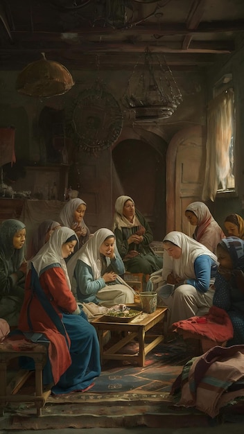 Frauen sitzen im Haus im Gebet