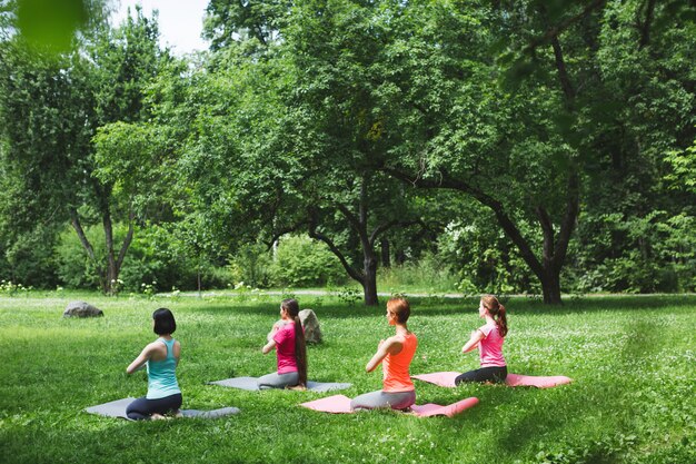 Frauen sitzen in Lotussitz während des Yogatrainings im Park