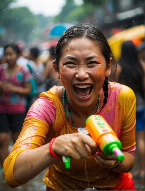 Frauen spielen mit Wasserpistolen beim Songkran-Festival