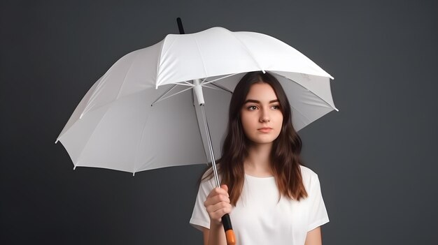 Frauen stehen mit geöffnetem weißen, leeren Regenschirm. Vorlage-Attrappe isoliert auf farbigem Hintergrund. Weibliche Person hält klaren Sonnenschirm über dem Kopf. Einfache Oberfläche. Generative KI